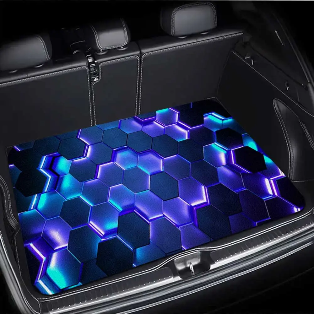 Neon Blue Hexagon Tech Style Universal Car Trunk Mat Waterproof Wear-Resistant Cargo Liner For SUV Auto Rear Storage Cover Mat