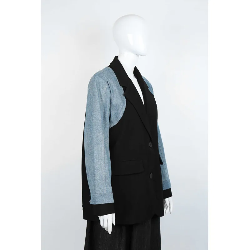 KWTX 2025, Frühling, Sommer, Damen-Kontrast-Blazer, Schwarz, Blau, zwei Knöpfe, Kerbe, Revers, hinten, Schlitz am Saum, Premium-Büro-Freizeitjacke