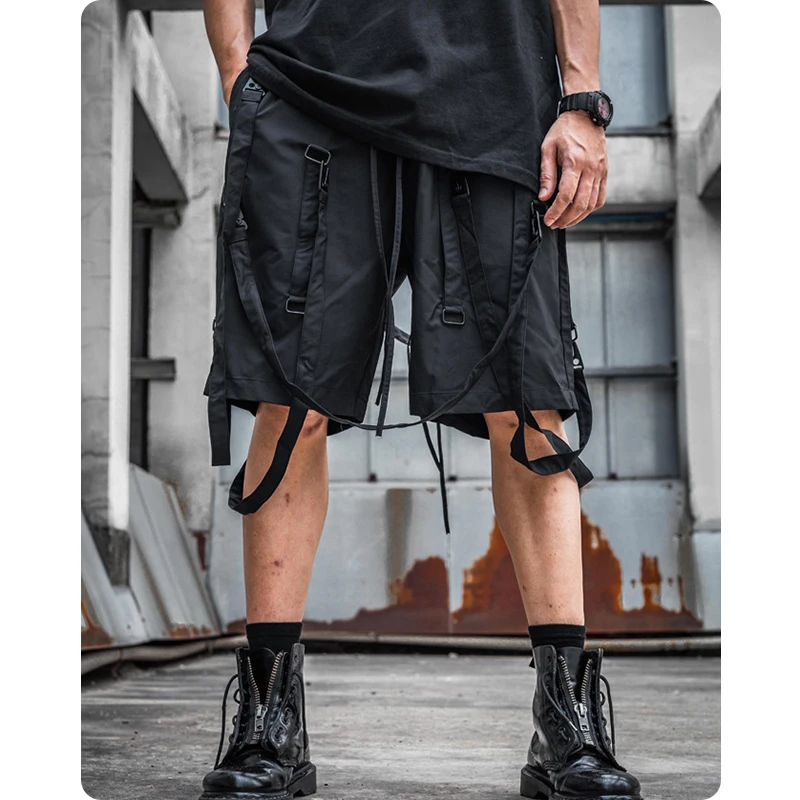 Unisex 2022 Summer Cargo Men's clothes Fashion Tactical Streetwear Functional Ribbon Design Short Pant Elastic Waist Harajuku