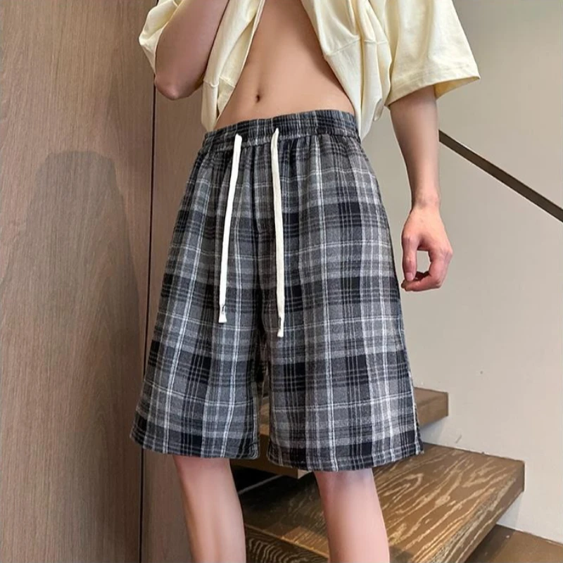 

Plus Size 150KG Black Checked Shorts Summer Vintage Loose Fit Five-Point Mens Outdoor
