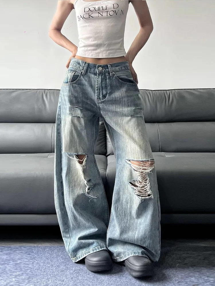 2025 Sommer hohe Taille zerrissene Damen Blue Jeans American Vintage Streetwear Y2K weites Bein Jean 2000er Jahre Hose Baggy Denim Hose