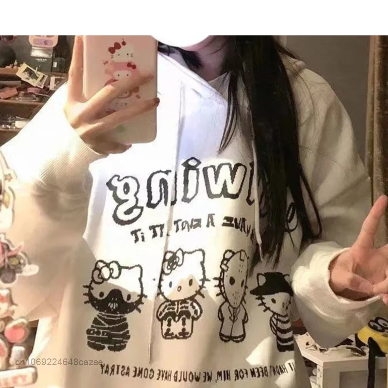 Sanrio Hello Kitty kapüşonlu süveter Harajuku yüksek sokak Graffiti öğrenci Hoodie Y2k kadınlar için moda sevimli karikatür baskı ceket