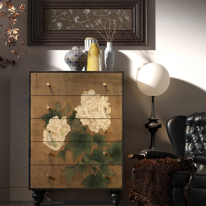 Solid Wood Peony Chest of Drawers Living Room Hallway Cabinet Bedroom Wall Storage Drawer Cabinet