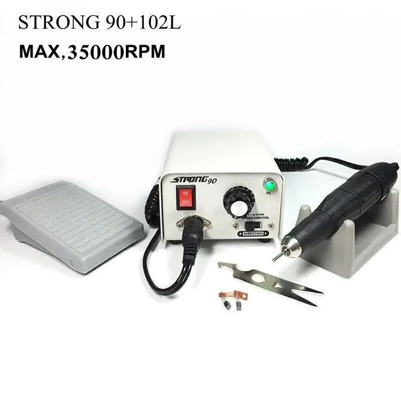 Strong90 Electric Control Box 65W Micromotor Handpiece Strong Nail Drill Cutters Set 102L Handle Manicure Nail File Nail