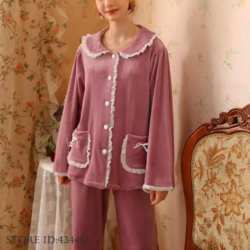 

Thicken Flannel Women Sleepwear 2Pcs Pijamas Suit Autumn Winter New Night Wear Pajamas Set French Court Style Homewear Pyjama