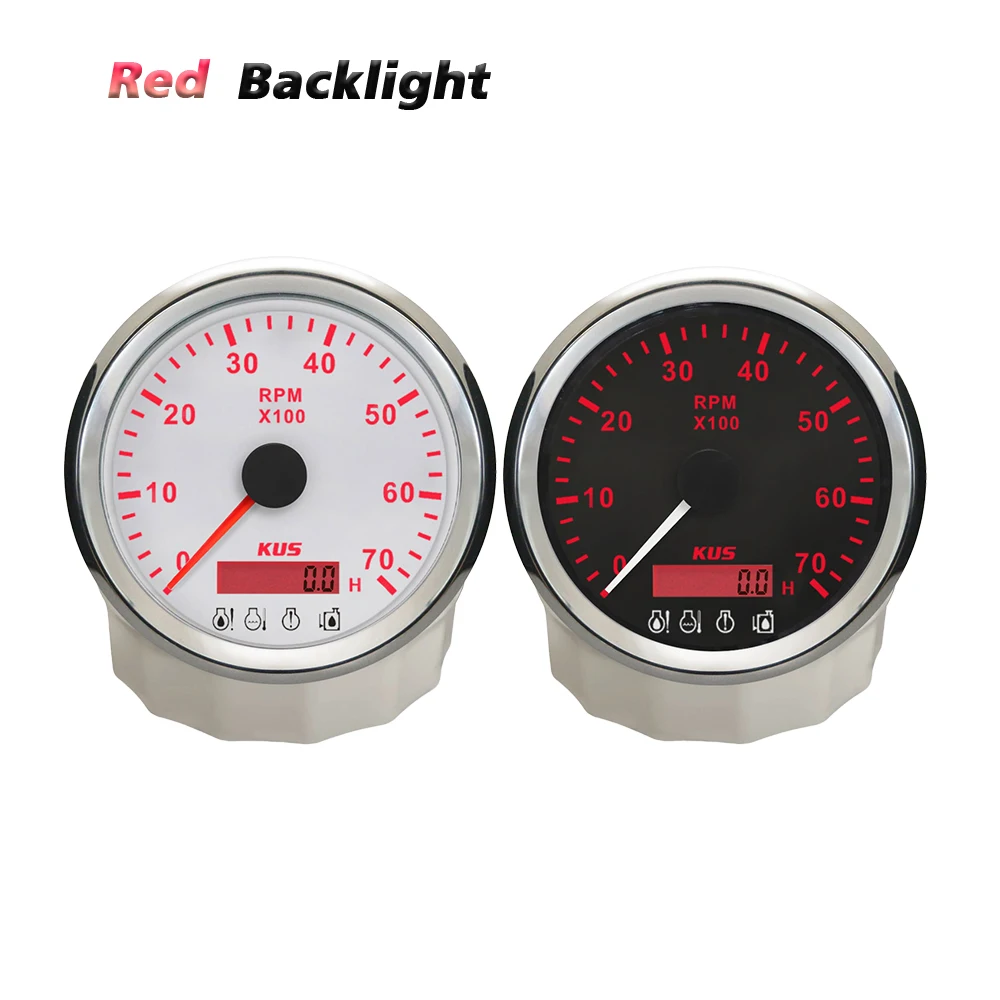 KUS 85MM Tachometer 0-7000 RPM Gauge with Red Backlight with Hourmeter with 4 LED Alarm 12V Waterproof for Trucks Motorcycles