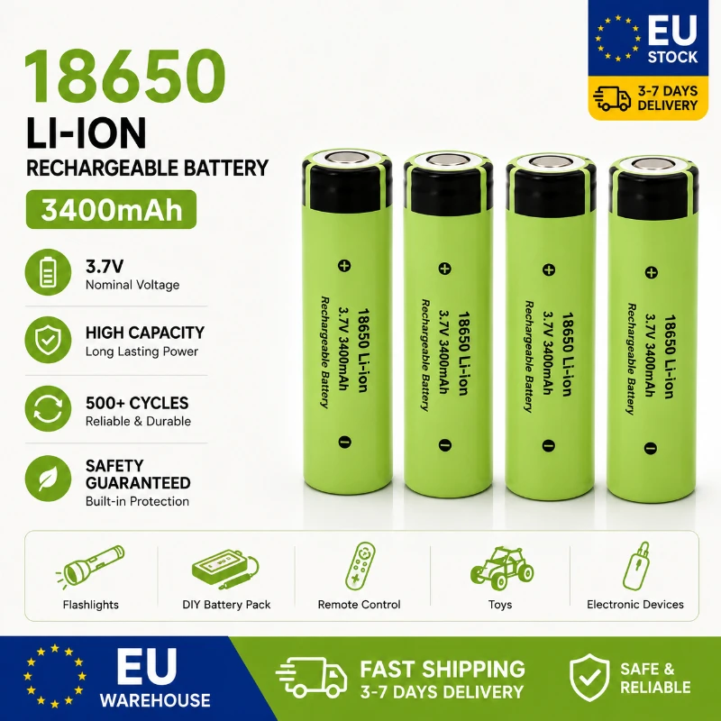 18650 Wiederaufladbare Li-Ionen-Batterie 3,7V 3400mAh mit Knopfkontakt für LED-Taschenlampe, Tragbaren Ventilator, Elektrischen Rasierer, EU-Lager Schnelle Lieferung