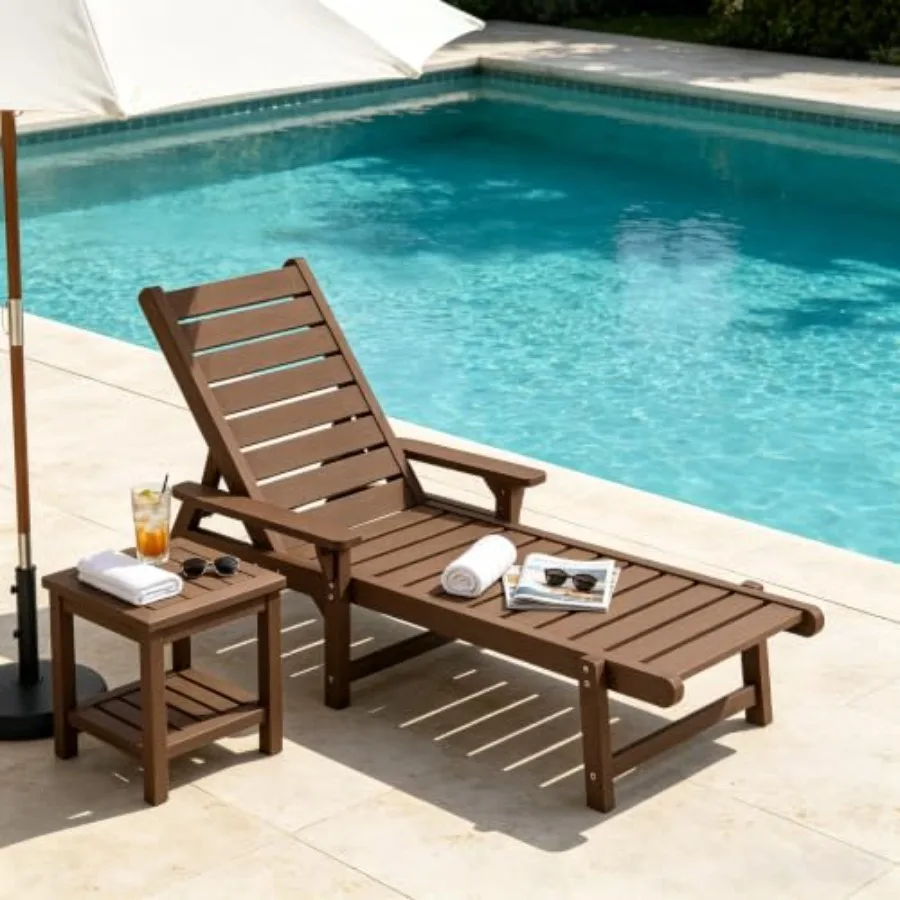 HDPE Outdoor Chaise Lounge Chair with 5 Adjustable Backrest, UV-Resistant HDPE Material, Sand Color, All-Weather Durability and