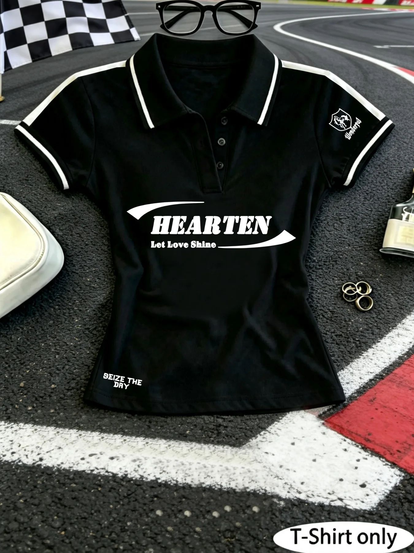 Women Y2K Cropped Polo Shirt, HEARTEN Racing Slogan Multi‑Print Short Sleeve, for Daily Street Sports Casual Wear
