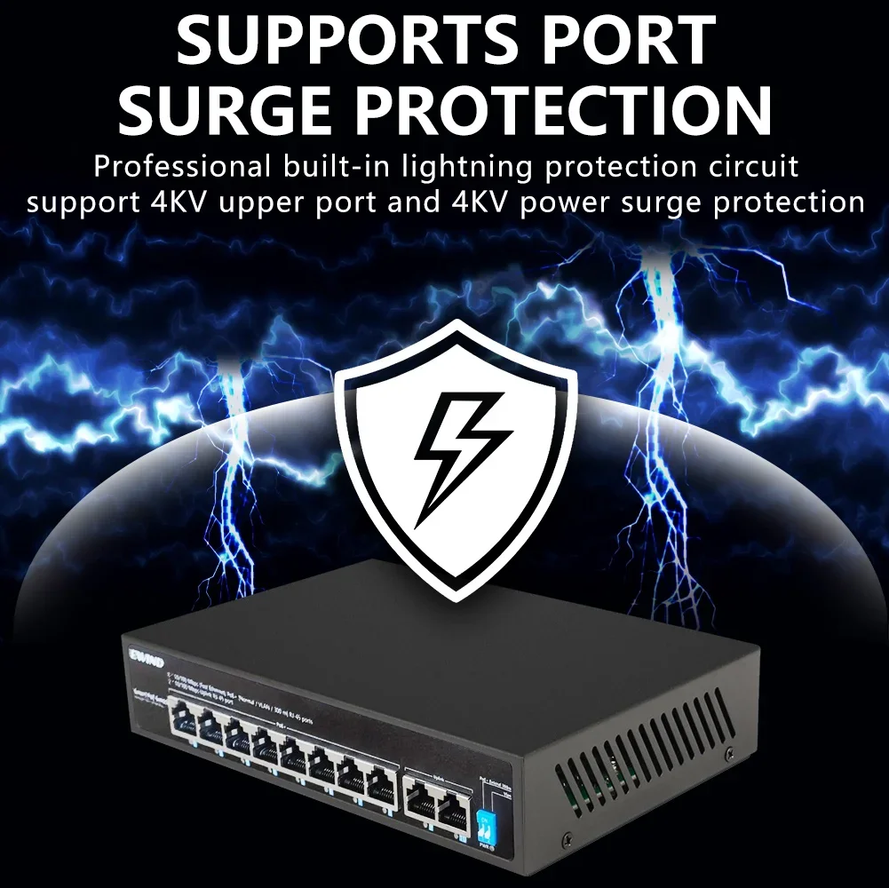 Ewind 10-Port Gigabit Switch with 8-PoE and 2-RJ45 for Uplink Unmanaged Plug and Play