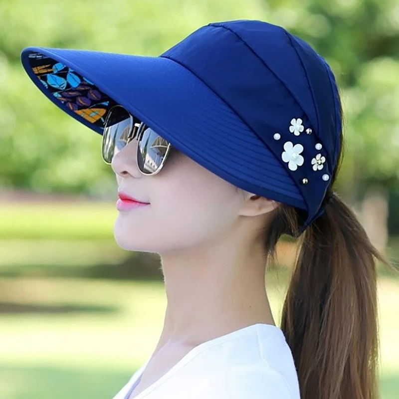 Casquette de baseball décontractée pour femme, chapeaux d'été pour femme, chapeau de soleil pliable, visière à fleurs perlées, crème solaire, casquette disquette, extérieur