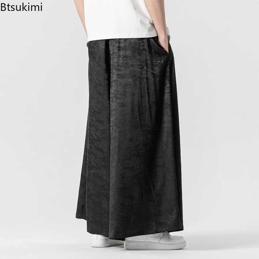 Summer New Men's Cotton Linen Wide Leg Pants Vintage Print Loose Casual Trousers Trend Streetwear Chinese Style Men Hanfu Pants