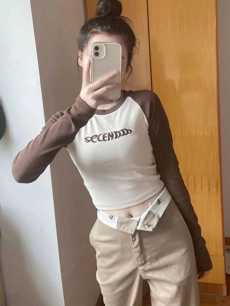American Retro Long Sleeve Contrast Color Slim Fit Tshirts O Neck Letter Patchwork Tees Crop Tops Women Cotton Camisetas - Image 4