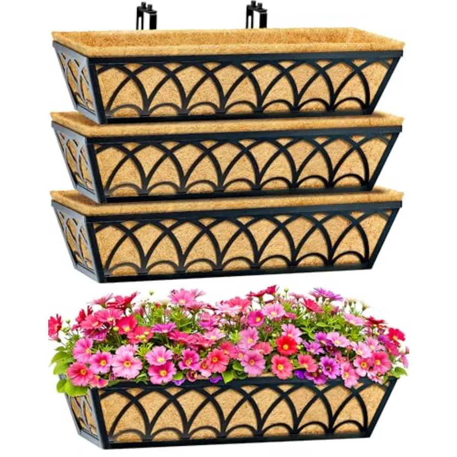 

Railing Planter Box Window Boxes Planters - Pack with Adjustable Brackets Coco Liners Balcony Planters Railing Hanging for Wind