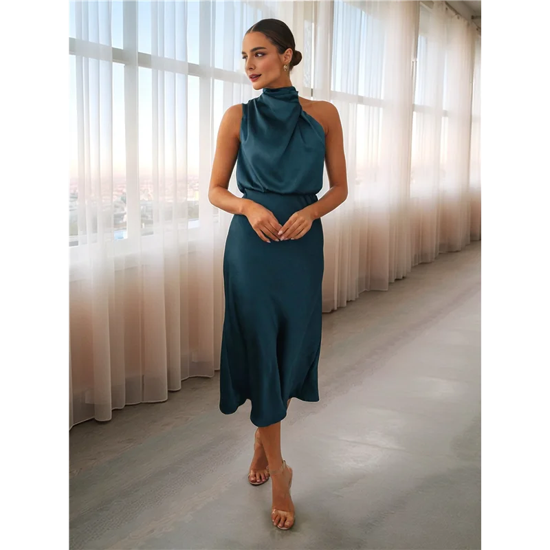 【】Damen-Sommer-Satinkleid 2025, elegant, ärmellos, Stehkragen, Cocktailparty, Maxikleider