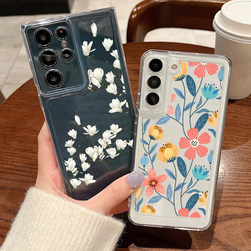 Floral Phone Case For Samsung Galaxy S24 S23 S22 Ultra S21 S23 FE A55 A54 A53 A52 A14 A15 A35 A25 5G Soft Silicone Clear Cover