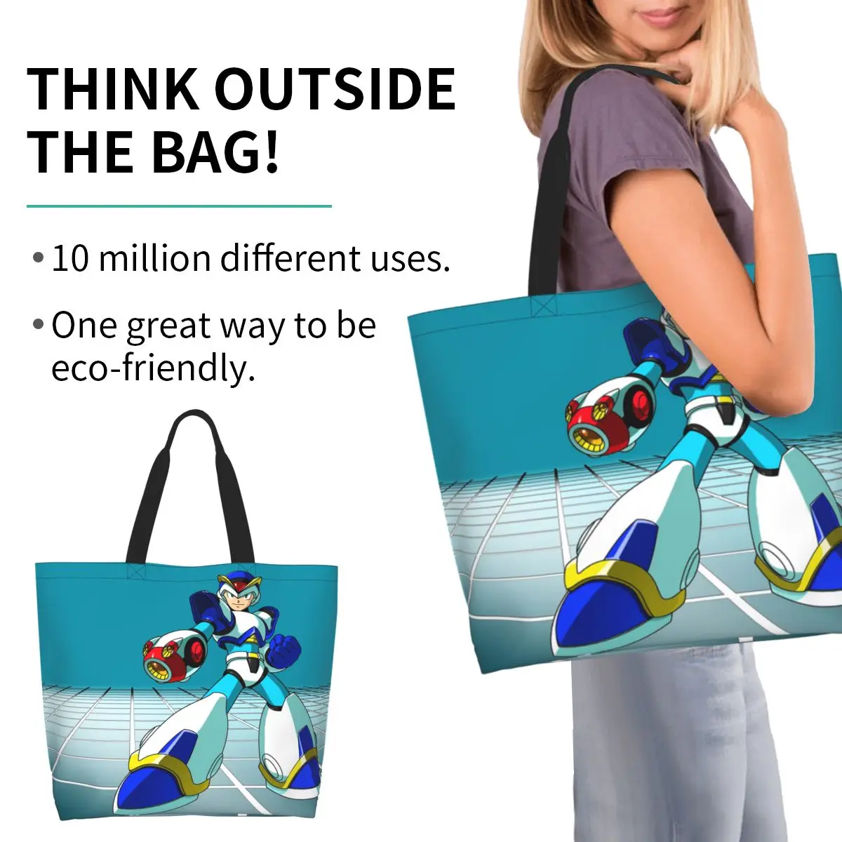 Megaman Video Game Mega Man Shopping Tote Bag Canvas Large Capacity Shoulder Bags Shopper Grocery Handbag for Women