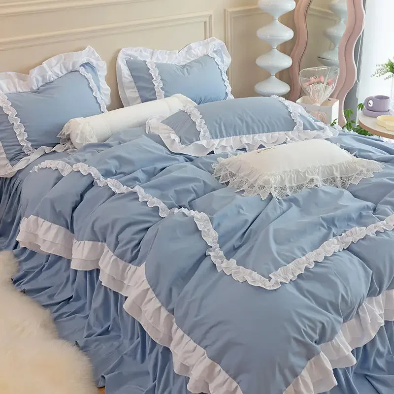 INS Korean Princess Style Bedding Kawaii Ruffle Lace Bed Skirt Duvet Cover Solid Color Queen Size For Girls Woman Home Textiles