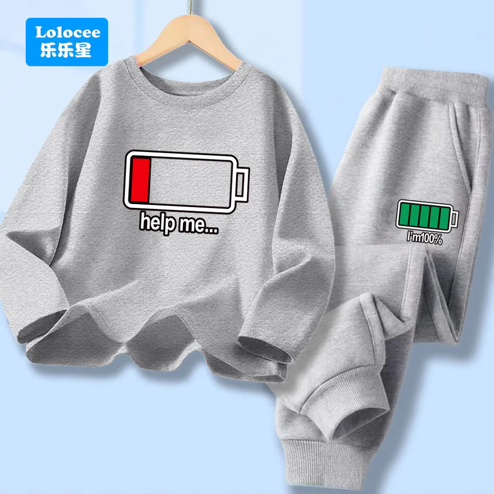 Herfst Kid Jongen Lange Mouw 2 Stuks Kleding Set Kinderen Grappige Batterij Brief Gedrukt T-shirt Trui Top En Broek trainingspakken DCW1