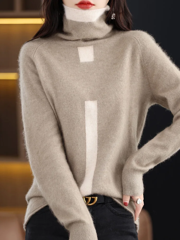 100% Pure Mink Cashmere Knitted Pullover Women\'s Free Collar Match Color Sweater Loose Long-Sleeved Blouse Autumn New Turtleneck