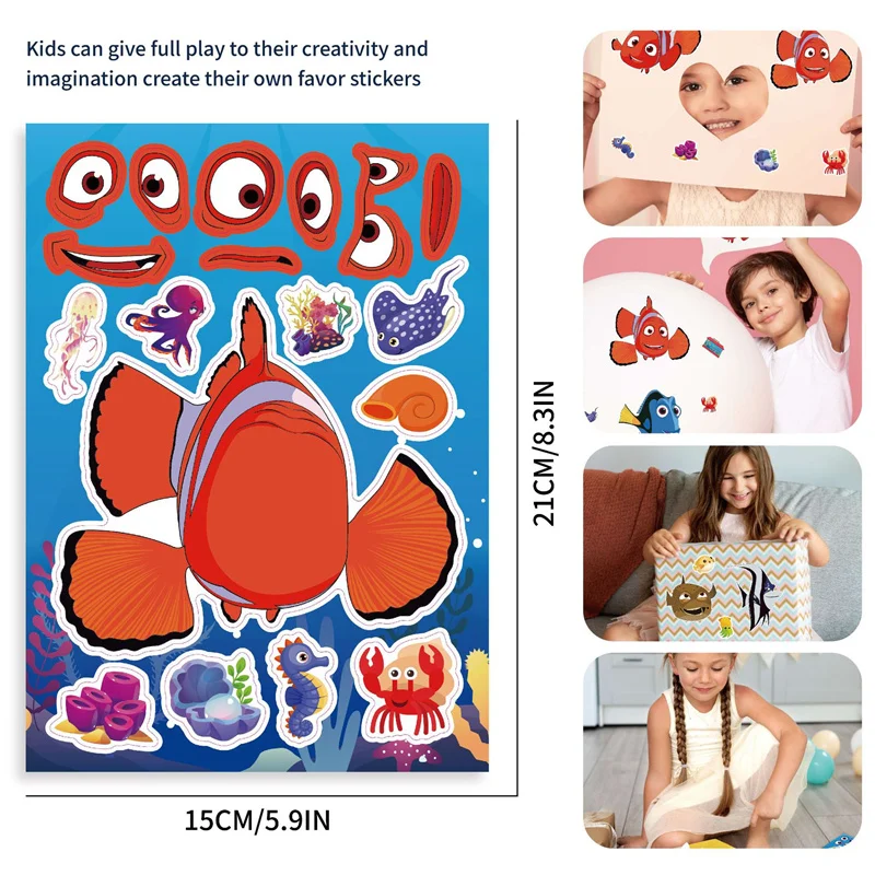 DIY Make Your Own Ocean Clownfish Octopus Shark Face Sticker Sheets For Children Boys Girls Birthday Party Favors Exchange Gifts