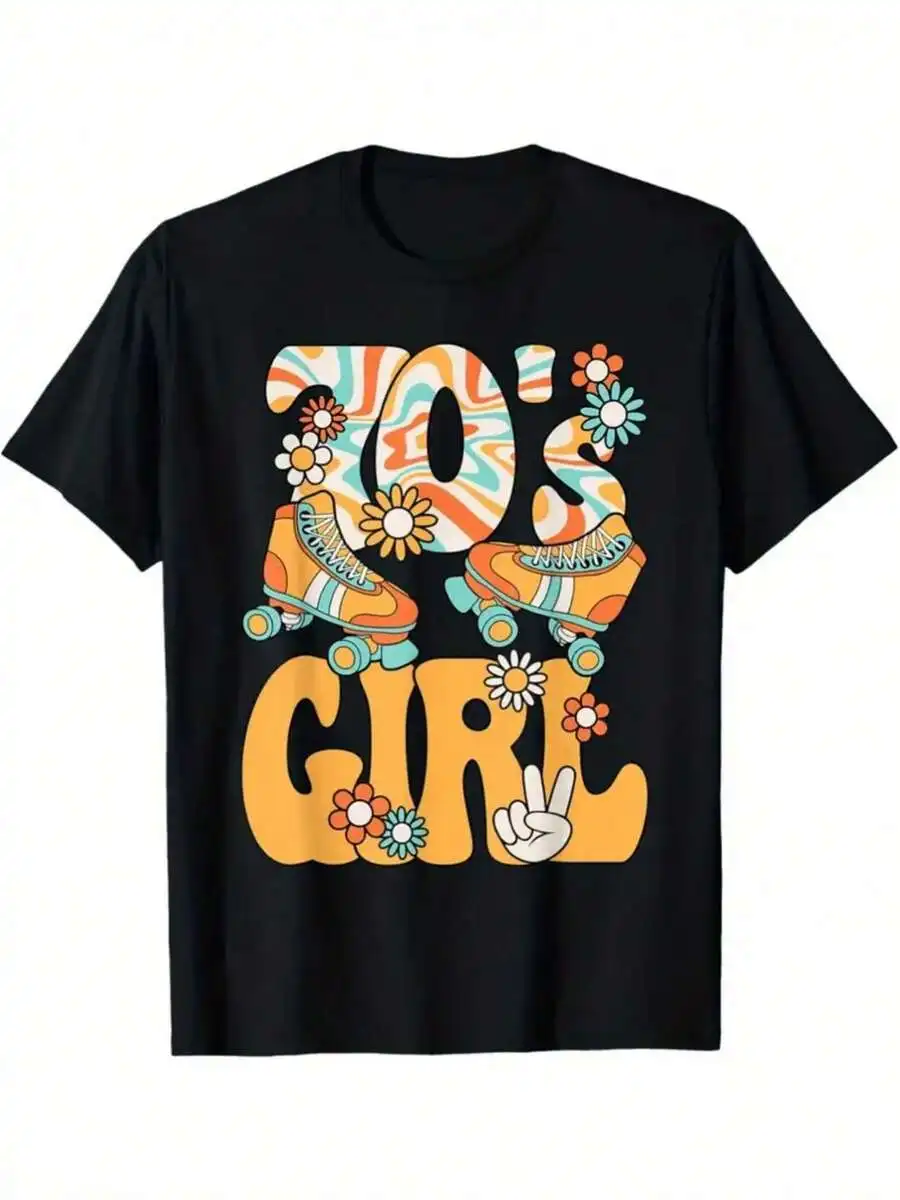 

Retro 70s Girl T-Shirt Women Casual Cotton Tee With Roller Skates And Flowers