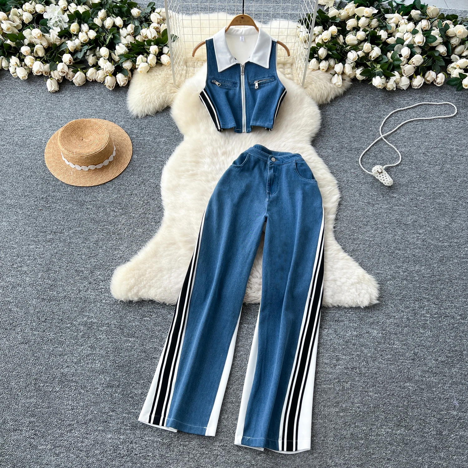 

Sexy Two Pieces Sets Spliced Chic Pleated Sleeveless Off Shoulder Top Fashion High Waist Wide Leg Pant Sets Fake two-piece