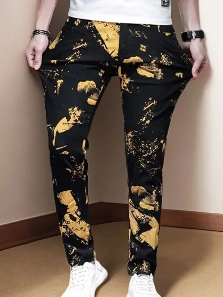 Winter Yellow And Black Men's 3D Text Jeans Men's Marble Decoration Fashionable Straight Tube Gradient Color Pants Slim Fit 024
