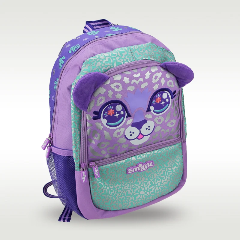 Smiggle-mochila para meninas, bolsa de ombro, roxo, bonito, leopardo, doce, original, venda especial, 7 a 12 anos, 16 polegadas