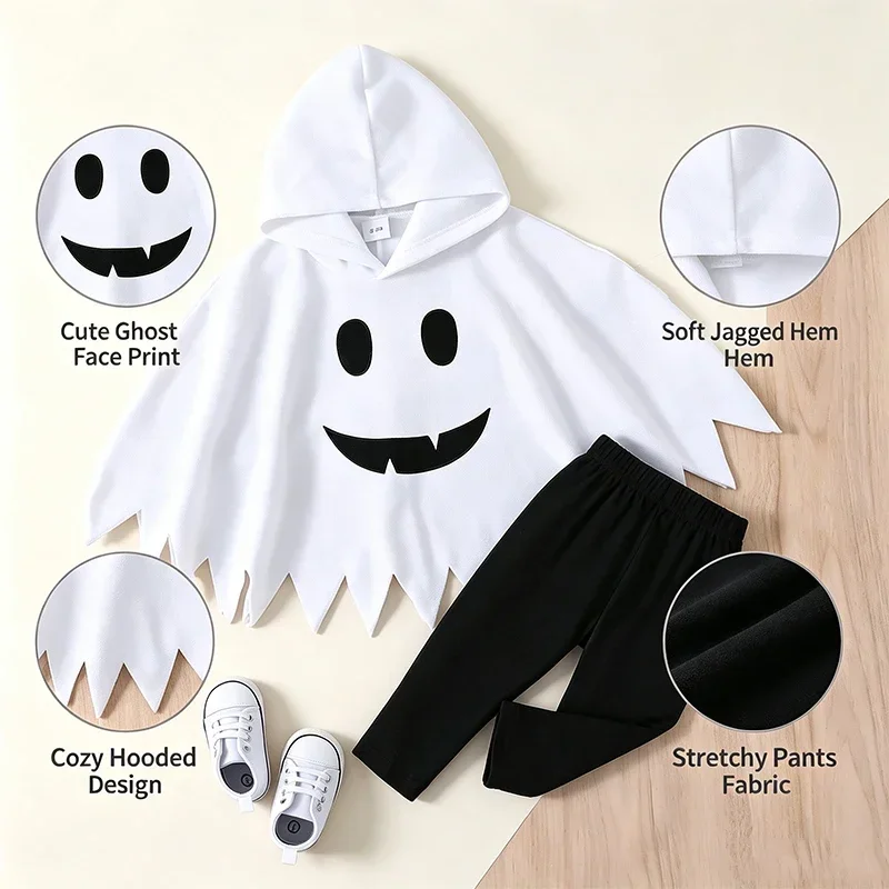 Kinder-Geisterkostüm Weißer Kapuzenponcho mit gezackten Kanten Halloween-Verkleidung für Süßes oder Saures Geburtstagsparty Cosplay-Outfit – Detail 4