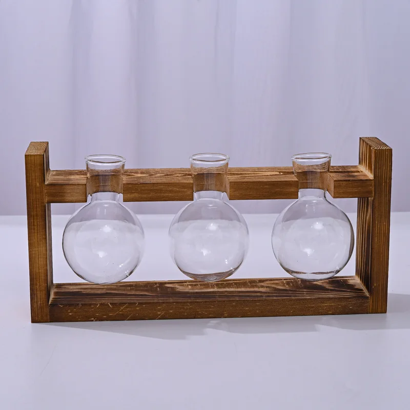 Creative Wooden Frame Hydroponic Small Vase Ins Plant Glass Bottle Container Home Living Room Office Desktop Decoration