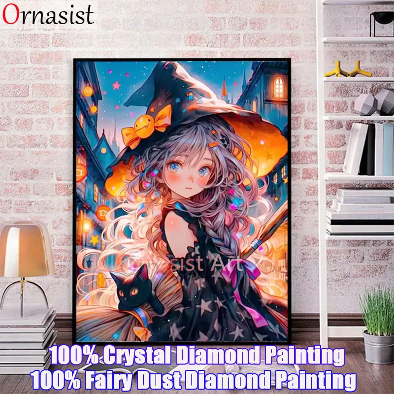 

AB Fairy Dust Cartoon Witch And Black Cat Full Fairy Dust Diamond Painting Kits Magic Girl DIY Crystal Drill Mosaic Embroidery