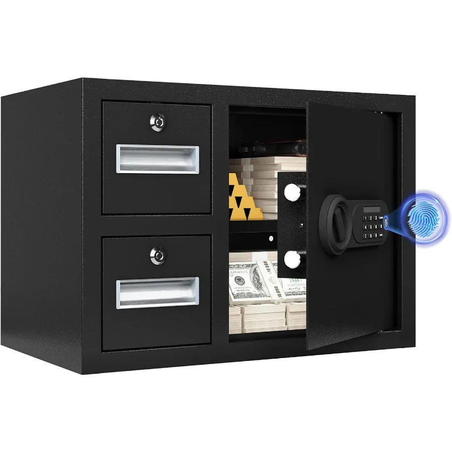 

1,85 кублата, сейф для домашней безопасности со стальной конструкцией, биометрический замок с отпечатками пальцев, двойной ящик для хранения, 3 способа разблокировки, включая