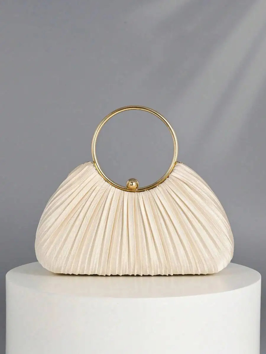 

Cream Pleated Satin Evening Clutch With Circular Gold Handle For Weddings, Galas, Proms And Formal Parties