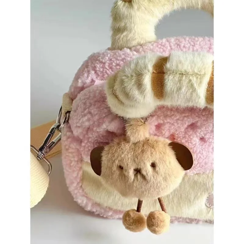 2024 Autumn Winter Cute Plush Handbag New Small Patchwork Color Earpod Cellphone Storage Bag Stylish Ladies Makeup Shoulder Bags