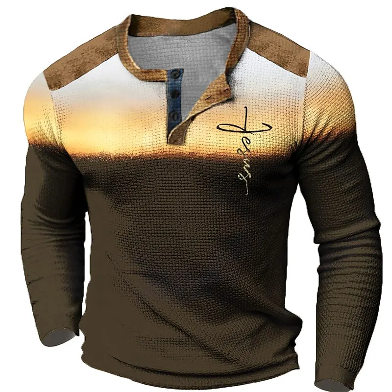 

Fashion Gradient Color Henley T-Shirt For Men 3D Print Simple Design Long Sleeve Tops Autumn Outdoor Comfortable Casual Clothing