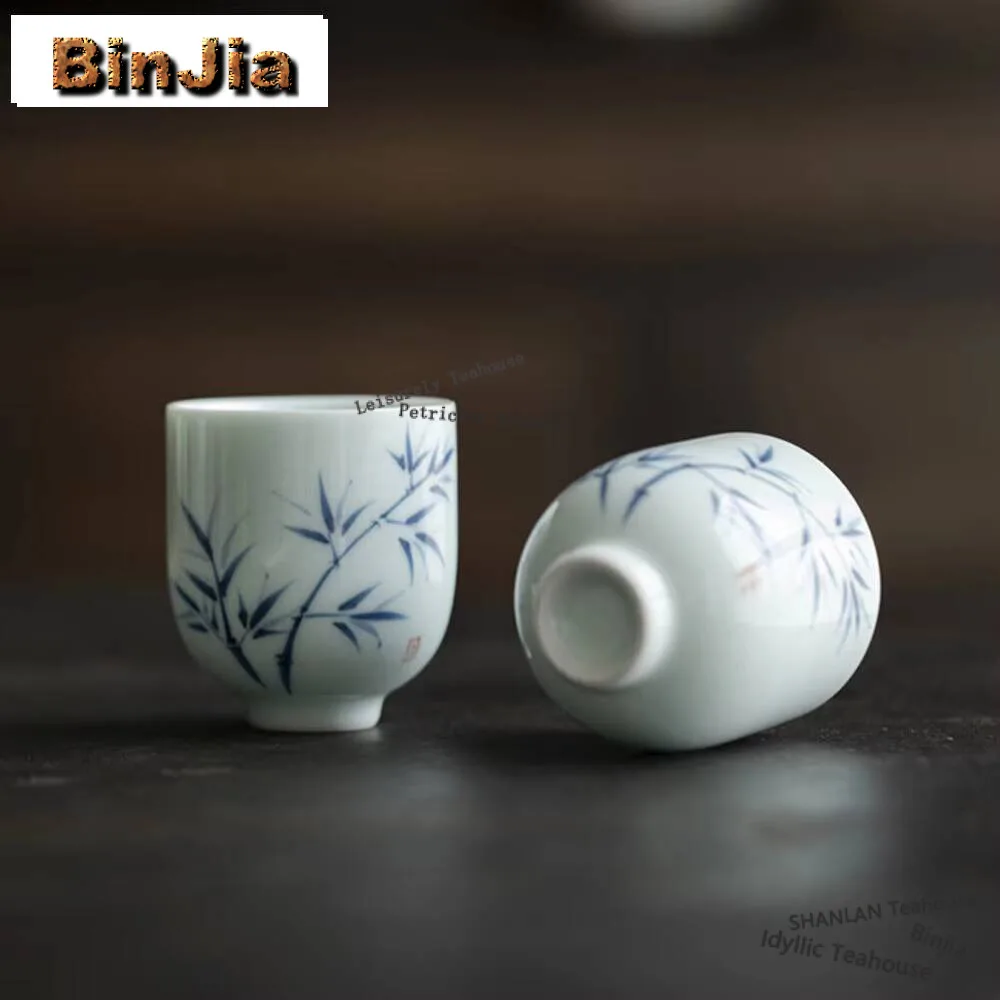 

2pc/lot Hand-painted Bamboo Tea Cup Handmade White Porcelain Fragrance Gathering Cup Thin Body Master Cup Kung Fu Teaset 60ml