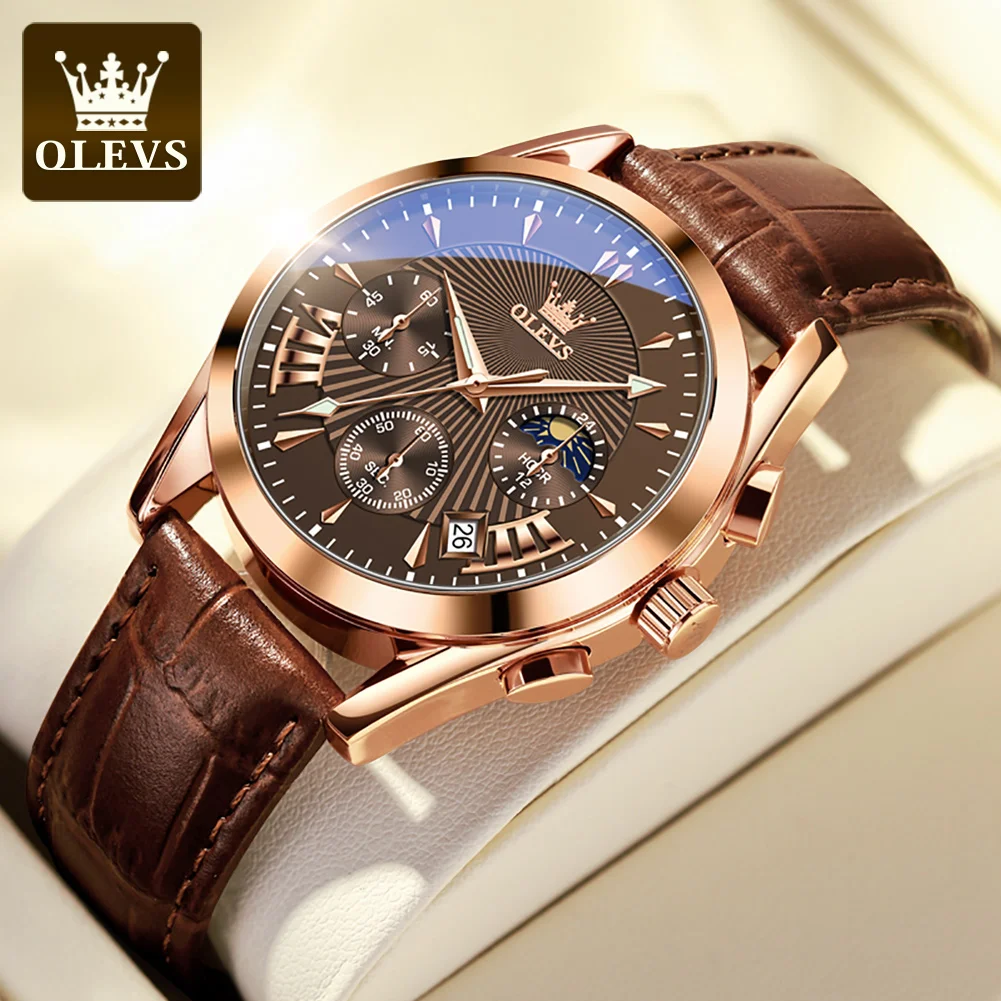 

OLEVS Multifunctional Quartz Mens Watches Top Brand Luxury Leather Strap Waterproof Sports Chronograph Watch Relogio Masculino