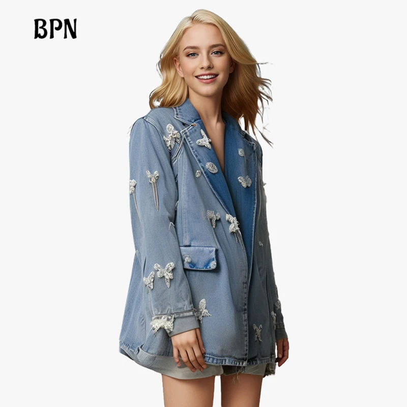 

BPN Hit Color Butterfly Casual Jackets For Women Lapel Long Sleeve Patchwork Button Loose Chic Denim Coat Female Fashion Style