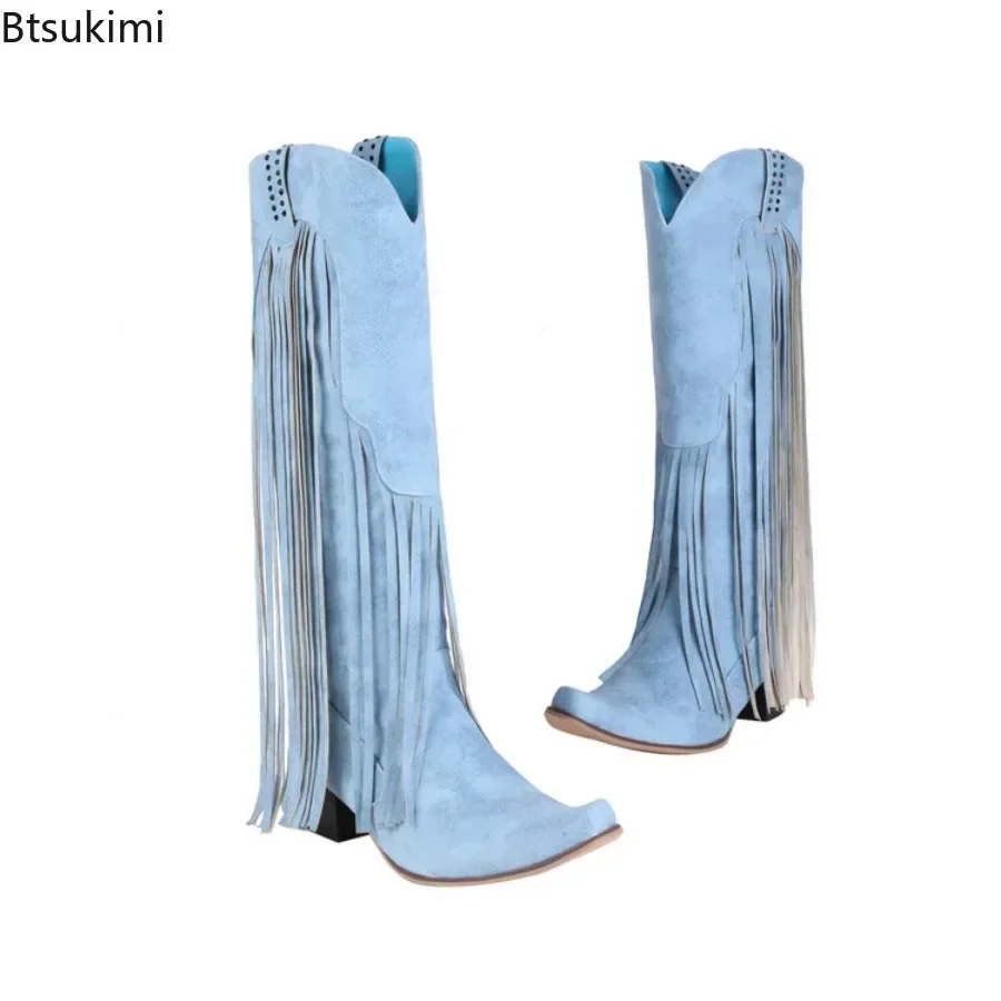 New Women's Large Size Boots Spring Autumn Women's Thick Heel Long Boots Pointed Toe Solid Color Boots Tassel Shoes for Women