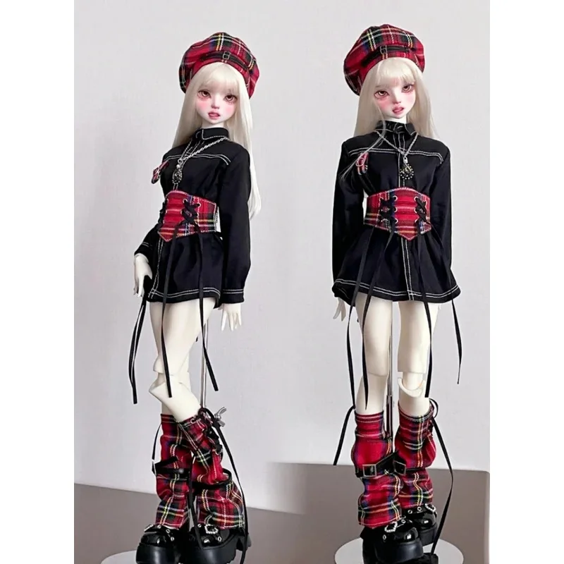 

bjd doll clothes suitable for 1/3 1/4 1/6 size plaid black and red with hat tight waist miniskirt suit doll accessories