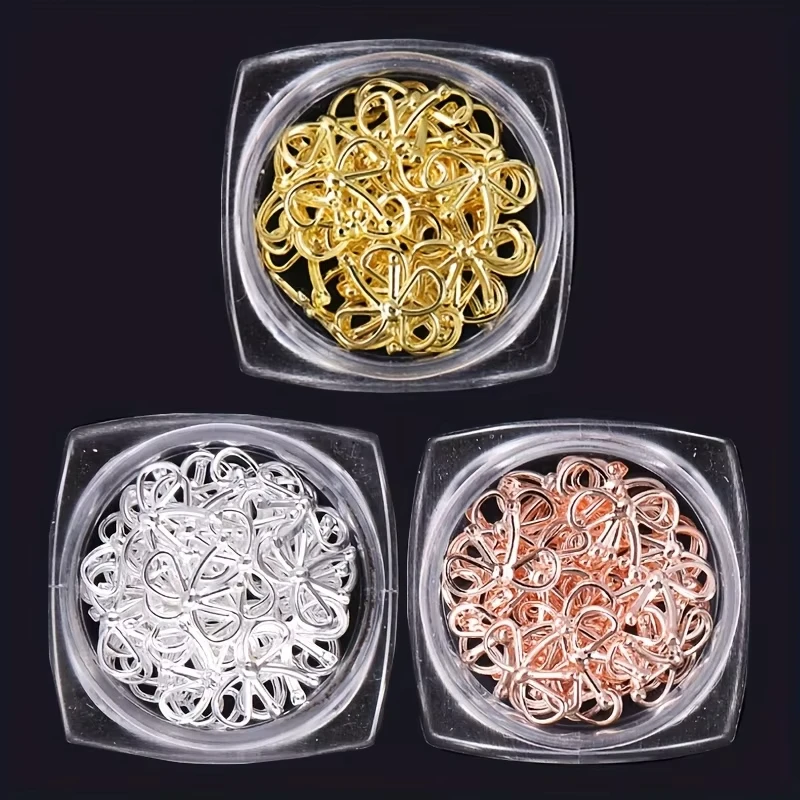 3 Bottle Metal Willow Bows Nail Decoration Gold Silver 3D Bowknot Design DIY Charm Elegant Metallic Jewelry Manicure Accessoires