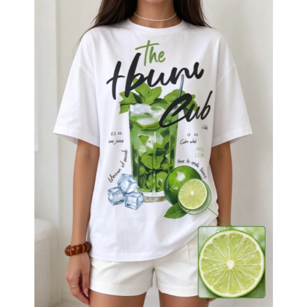Women Summer Mojito Lime Cocktail Graphic T Shirt, Oversized Loose Drop Shoulder Short Sleeve Tee, Fresh Vacation Street Casual