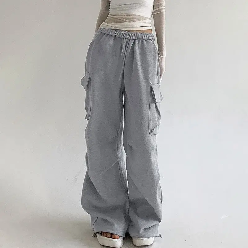 Deeptown Oversized Grey Cargo Sweatpants Women Korean Fashion Casual Baggy Pants Sports High Waist Basic Wide Leg Trousers