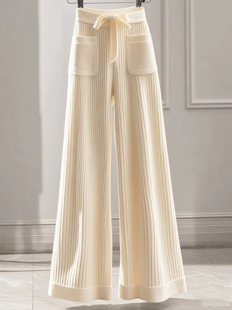 Pantaloni eleganti in maglia dolce da donna tasche larghe alla moda pantaloni a vita alta casual da donna autunno inverno pantaloni chic a gamba larga con lacci
