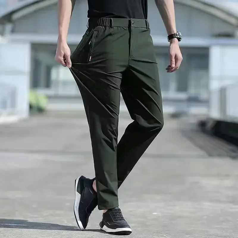 Große Herren-Sommerhose, große Größe, Eisseide, Stretch, atmungsaktiv, gerades Bein, 6XL, schnell trocknend, elastisches Band, schwarze Hose