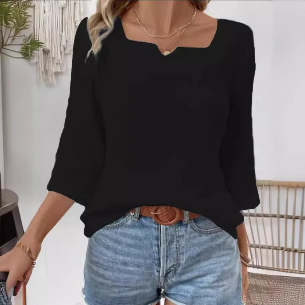 

Осень 2021, новая женская одежда, простая повседневная однотонная женская рубашка с v-образным вырезом и рукавами семь четвертей, женская одежда