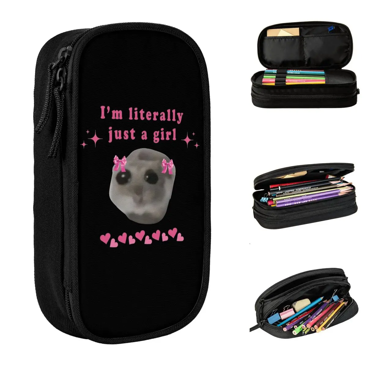 

New Sad Hamster I'm Just A Girl Pencil Cases Pencilcases Pen Box for Student Big Capacity Bag Office Gifts Stationery