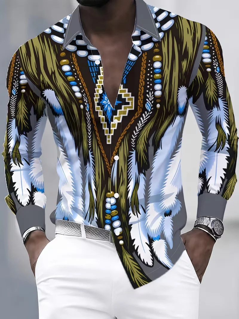 New men's gilded patterned crescent rolled grass ethnic composite printed long sleeved shirt with smooth lapel top
