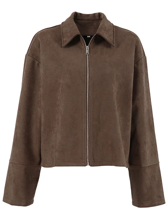 레트로 아메리칸 브라운 벨벳 라펠 루즈핏 아우터 지퍼 인조가죽 여성 코트 폴리에스터 섬유 롱 슬리브 컬러